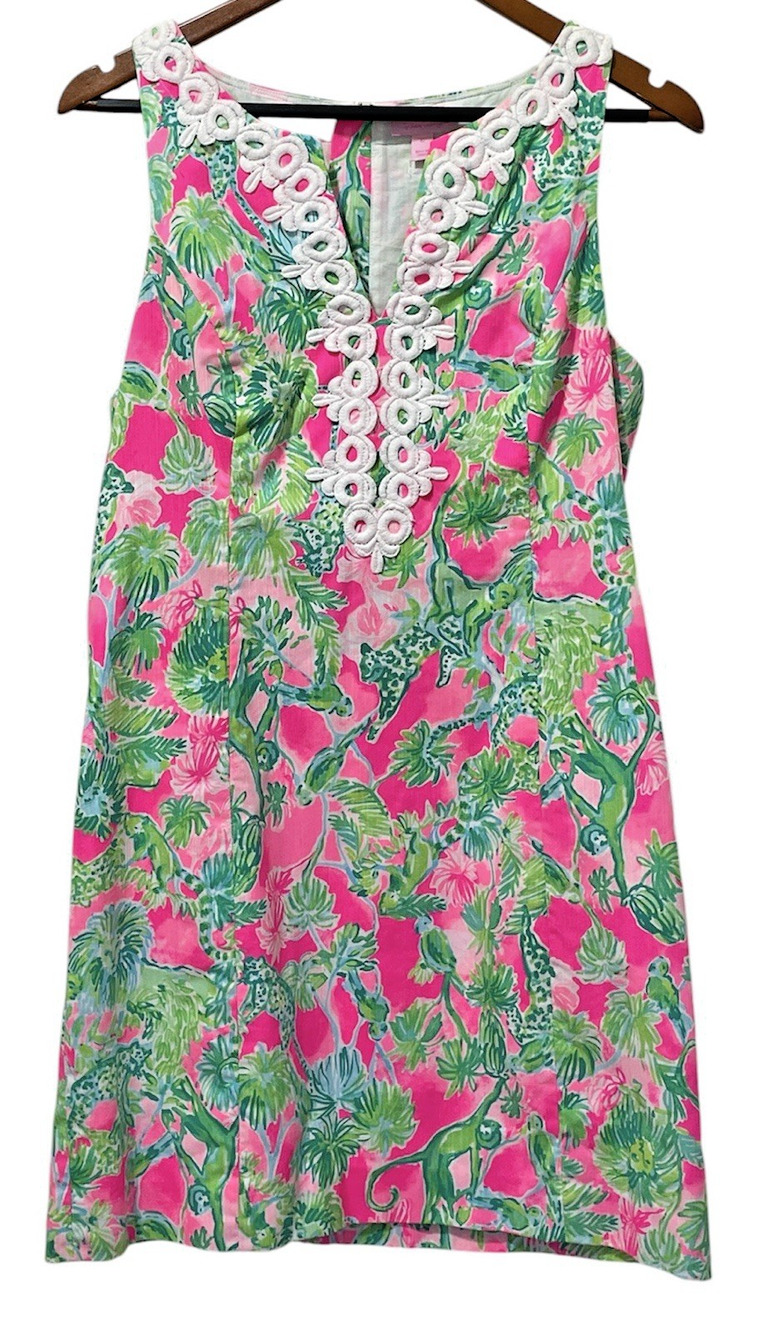 Lilly Pulitzer Gabby Raz Berry Catty Shack Lace Detail Shift Dress Animal Print
